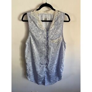 Partners Vintage Light Blue Satin Jacquard Lace Trim Sleeveless Blouse Small
